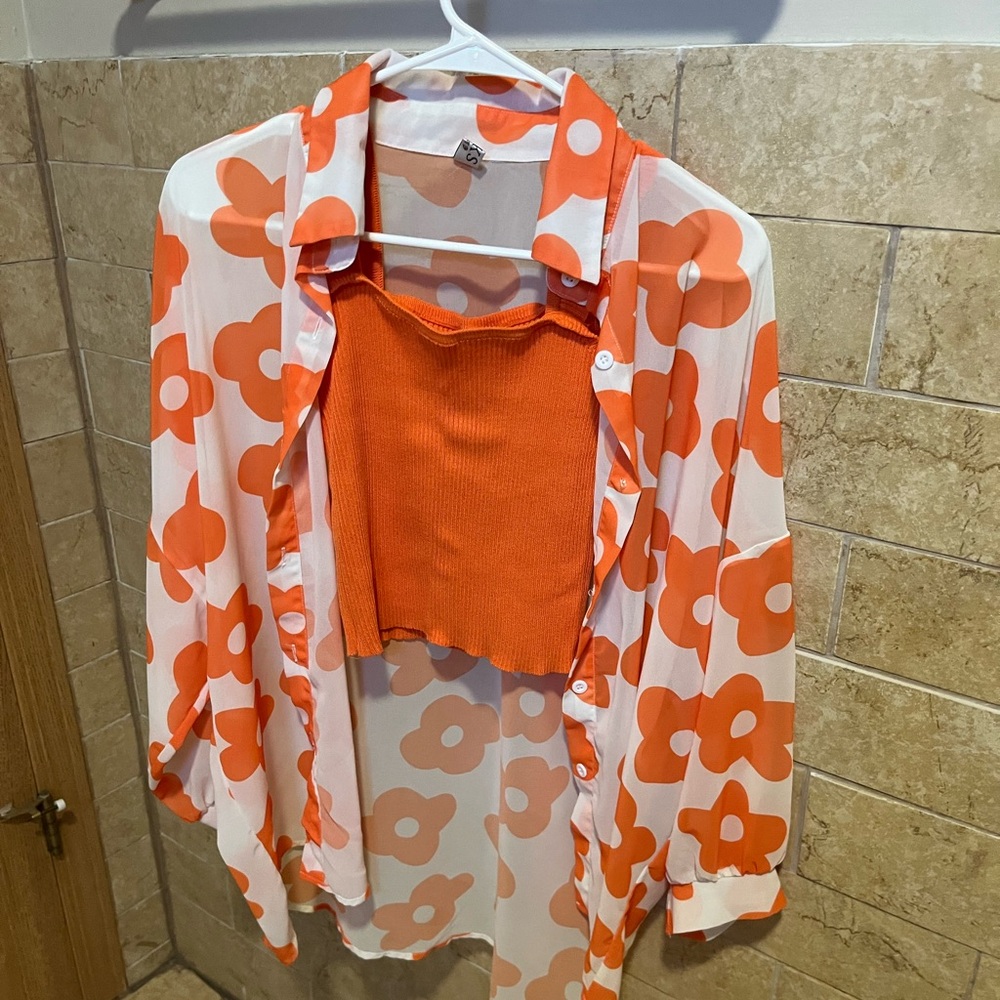 ZIKS Floral Sheer Button Up with Tank Top Matching Set—Size M